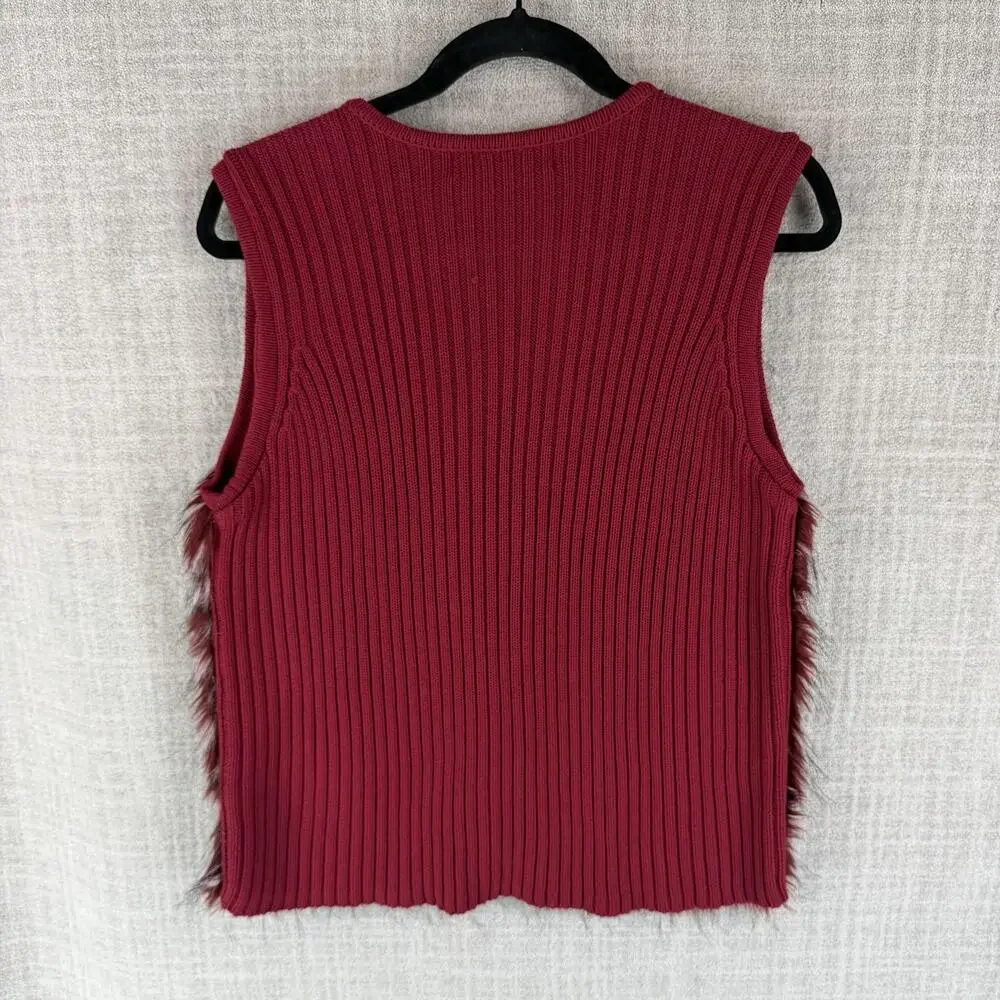 Kikit Vest Womens M Red Faux Fur Lined Full Zip Knit Short Sleeveless Casual